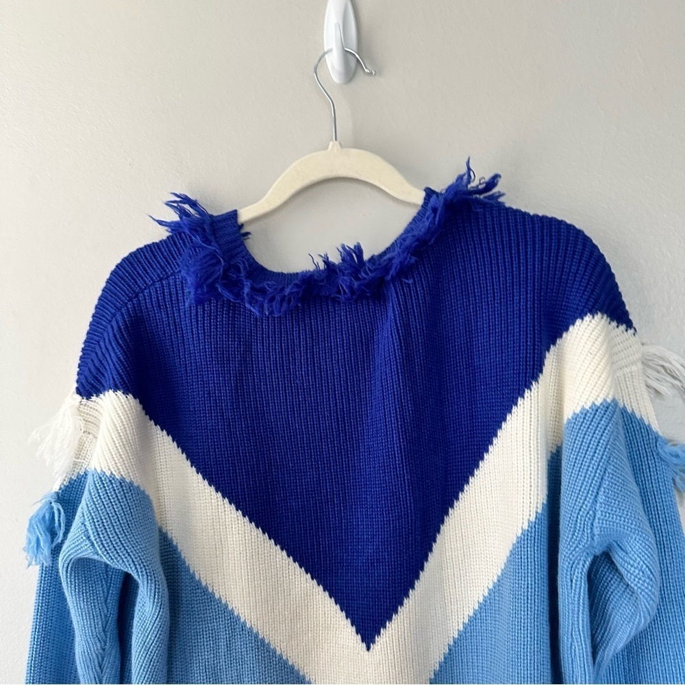 Lovers + Friends Blue and White Fringed Women's Sweater - Picture 3 of 9